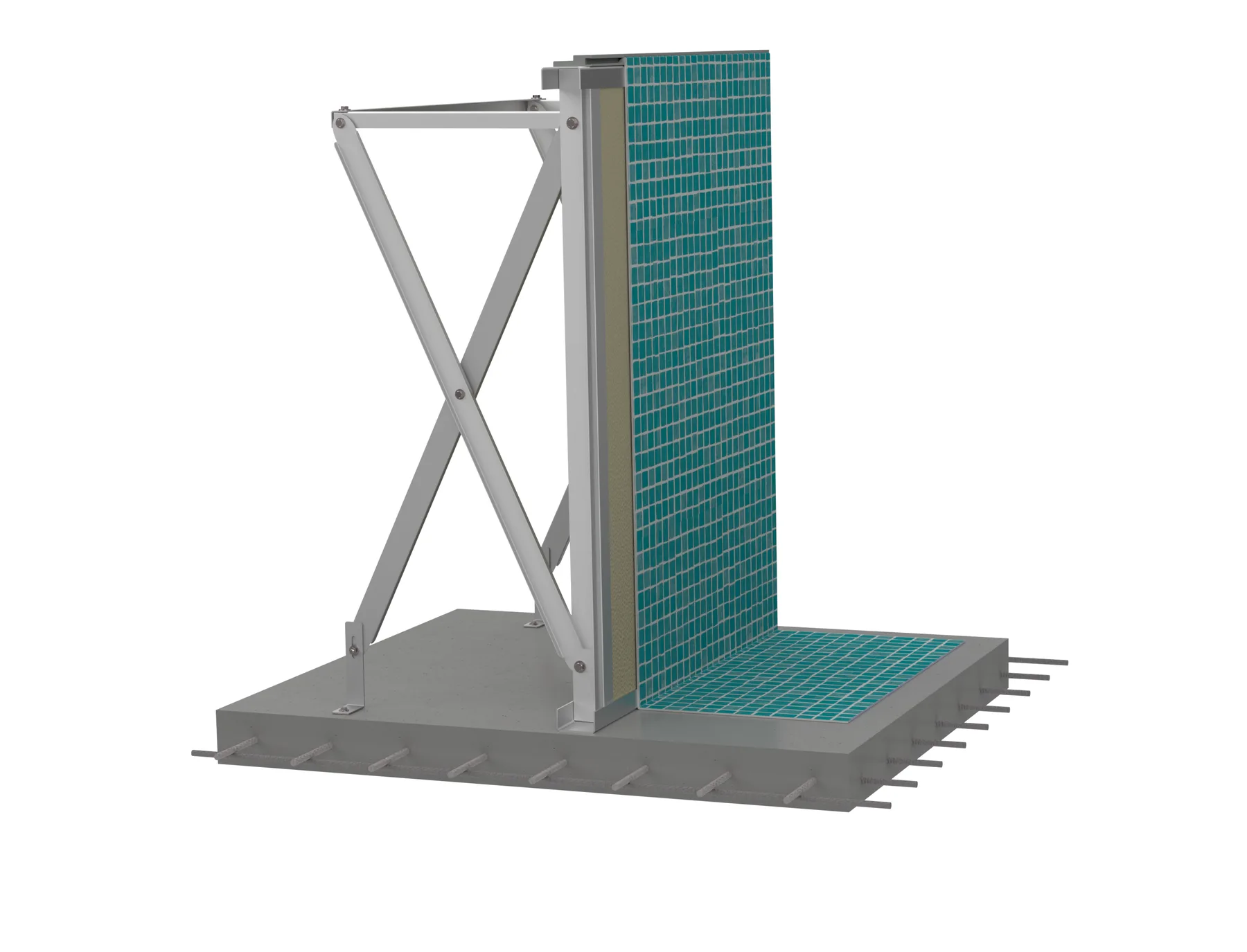 Fiplus panel sisteminin 3B teknik görseli — çapraz ayak, panel ve betonarme taban